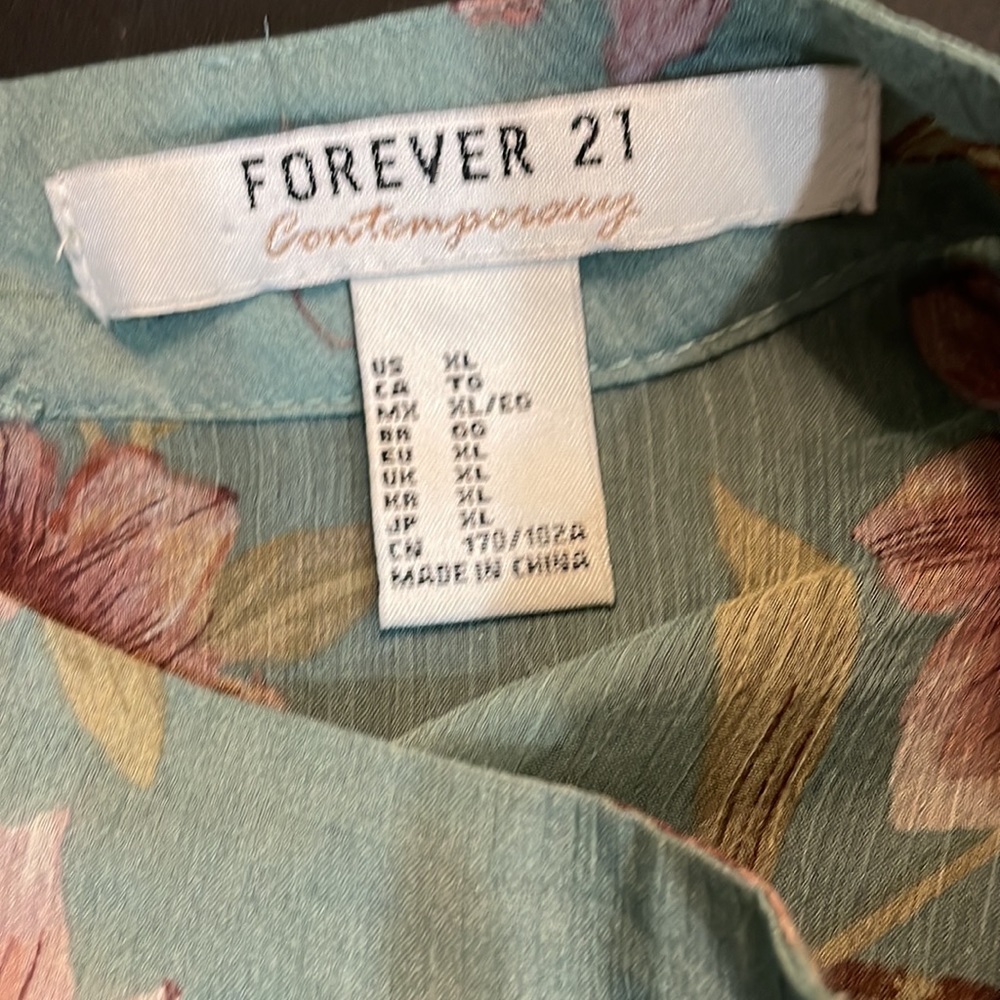 Floral Teal & Pink Sheer top,mock neck, long ruffle sleeve, flowy, XS - Picture 8 of 12